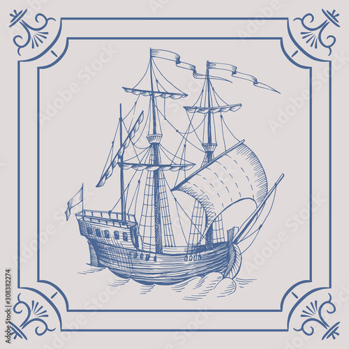 Old caravel. Ship on the Blue Dutch tile. Imitation. Frigate, vintage sailboat, Sailing vessel , glazed porcelain ceramic.