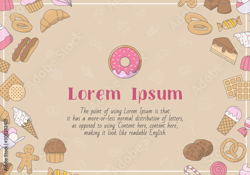 Candy card with text and vector color illustrations of sweet food for graphic design