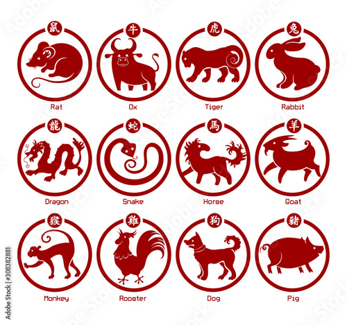 Set of twelve animals of the Chinese zodiac. Red on a white background.