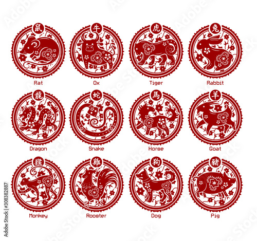 Set of twelve animals of the Chinese zodiac. Red on a white back
