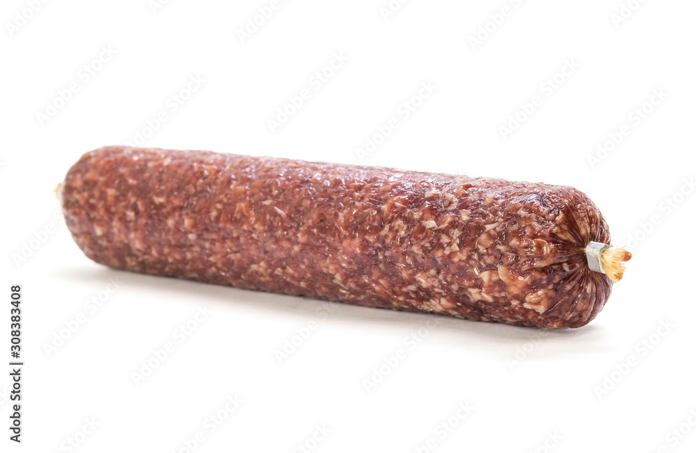 Stick of raw smoked sausage. Close up. Isolated on white background Stick of raw smoked sausage. Close up. Isolated on white background