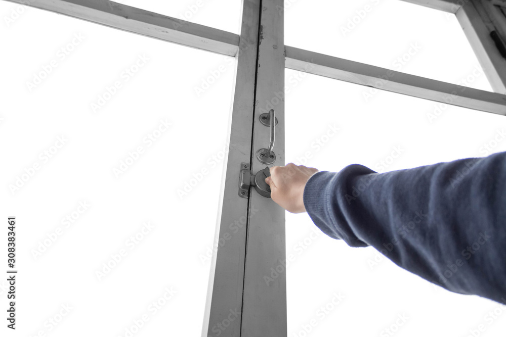 The hand opens the old wooden window. Close up The hand opens the old wooden window. Close up