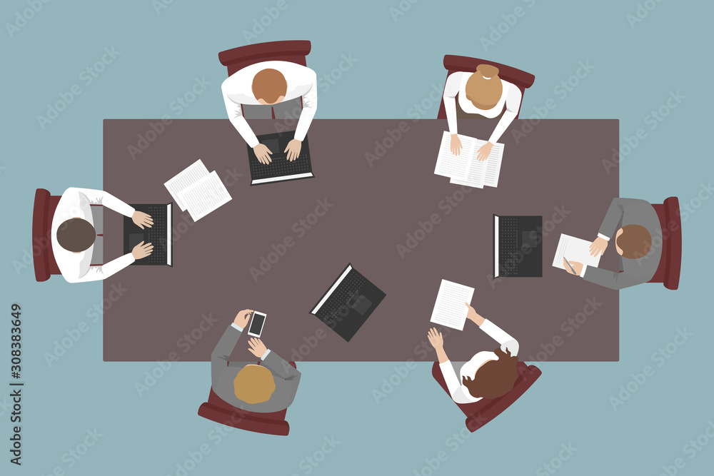 Teamwork. Top view of employees working at table. Vector. Teamwork. Top view of employees working at table. Vector.