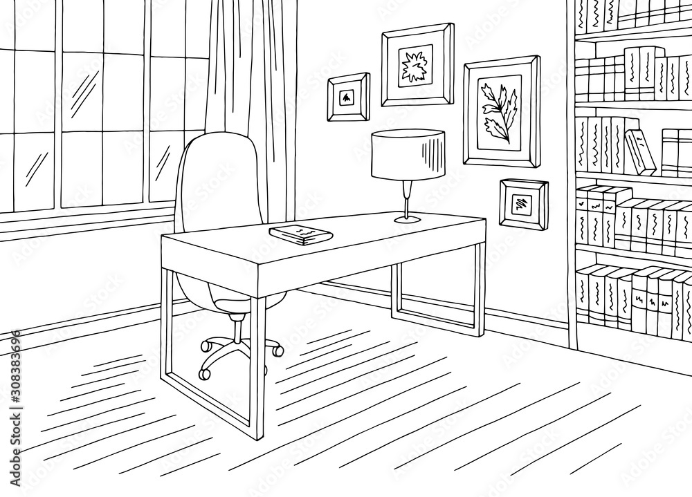 Home office graphic black white interior sketch illustration vector