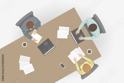 Office workers sitting at table and working on laptops. Top view. Vector.