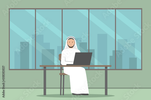 Arab manager in white thawb working in office. Vector illustration.