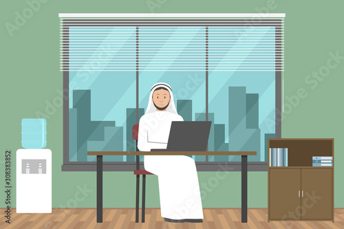 Arab businessman in white kandura working in his office. Vector illustration.