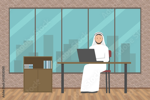 Arab businessman in thawb working on laptop. Vector illustration.