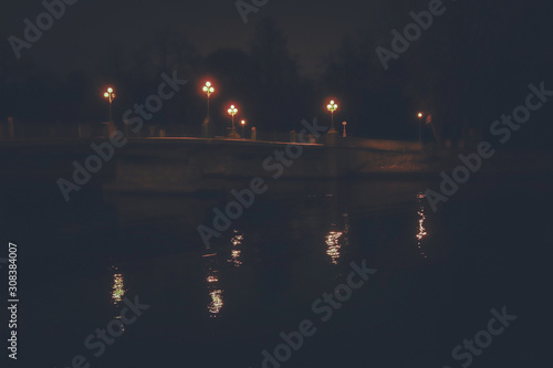 Obraz na plátně Night bridge with lanterns to forest park above the neva river