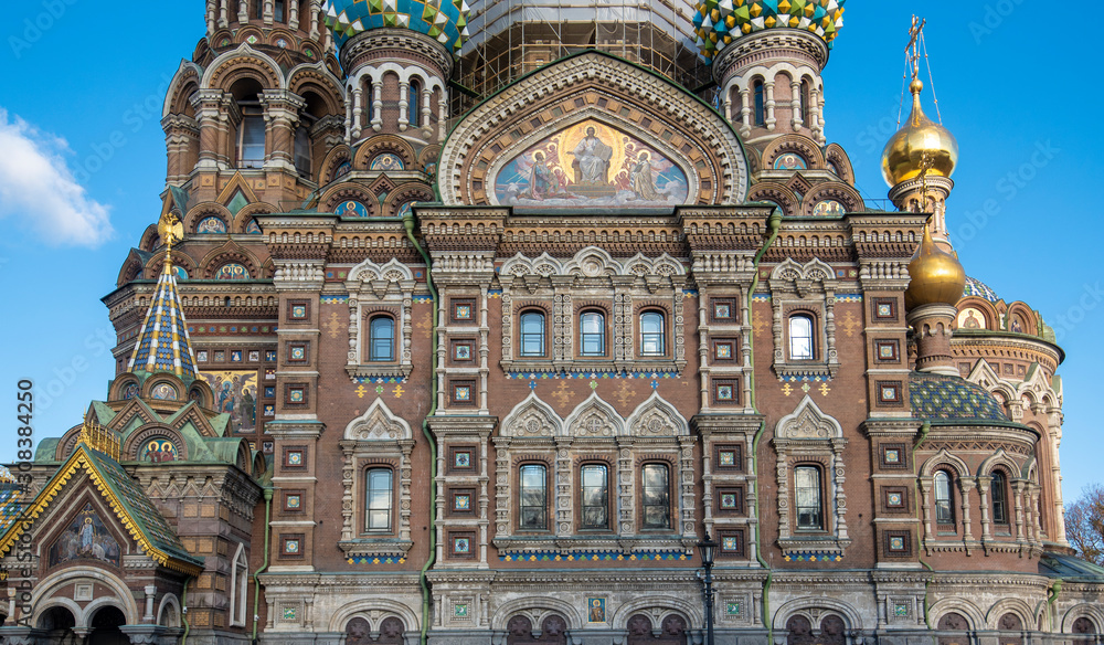 Day view of the facade of famous church of Savior on Spilled Blood (Resurrection of Christ cathedral) in Saint Petersburg, Russia. 