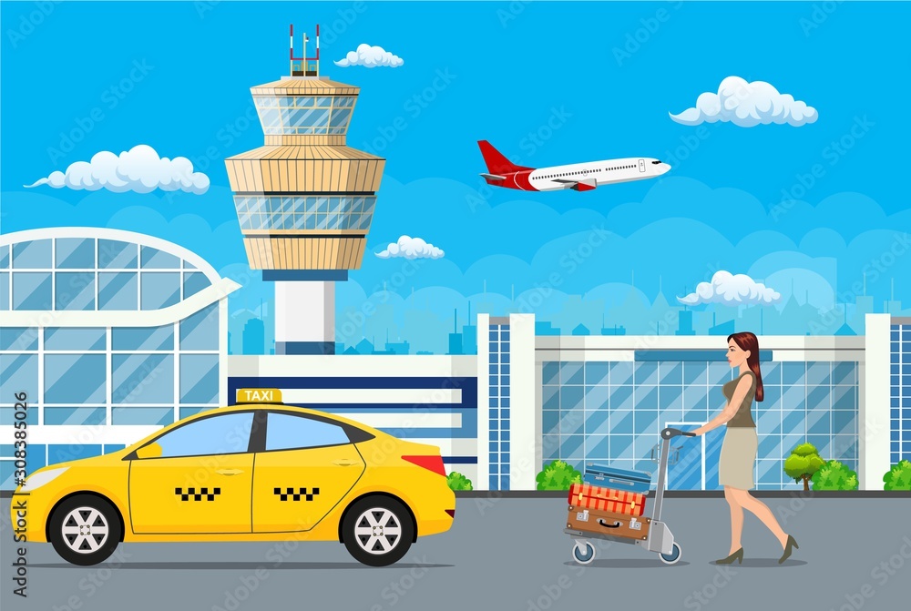 Airport buildings, control tower, female with luggage go on boarding in a taxi. Vector illustration in flat style.