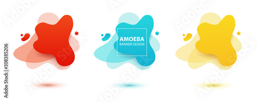 Amoeba liquid design. Dynamical colored forms of amoeba. Modern banner template for logo, flyer, presentation design. Yellow, red, blue colors.