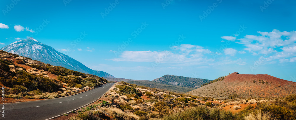 Empty road to volcano Teide on Tenerife, Spain, panorama