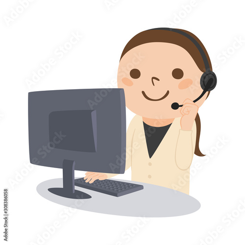 職業のイラスト。女性の電話オペレーター。ヘッドセットを付けて仕事をしている女性。