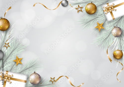 Gray Chrismas background with border of pine tree  gift boxes  gold stars  ribbons  decorative ball.Merry Christmas and happy new year concept vector art  illustration.