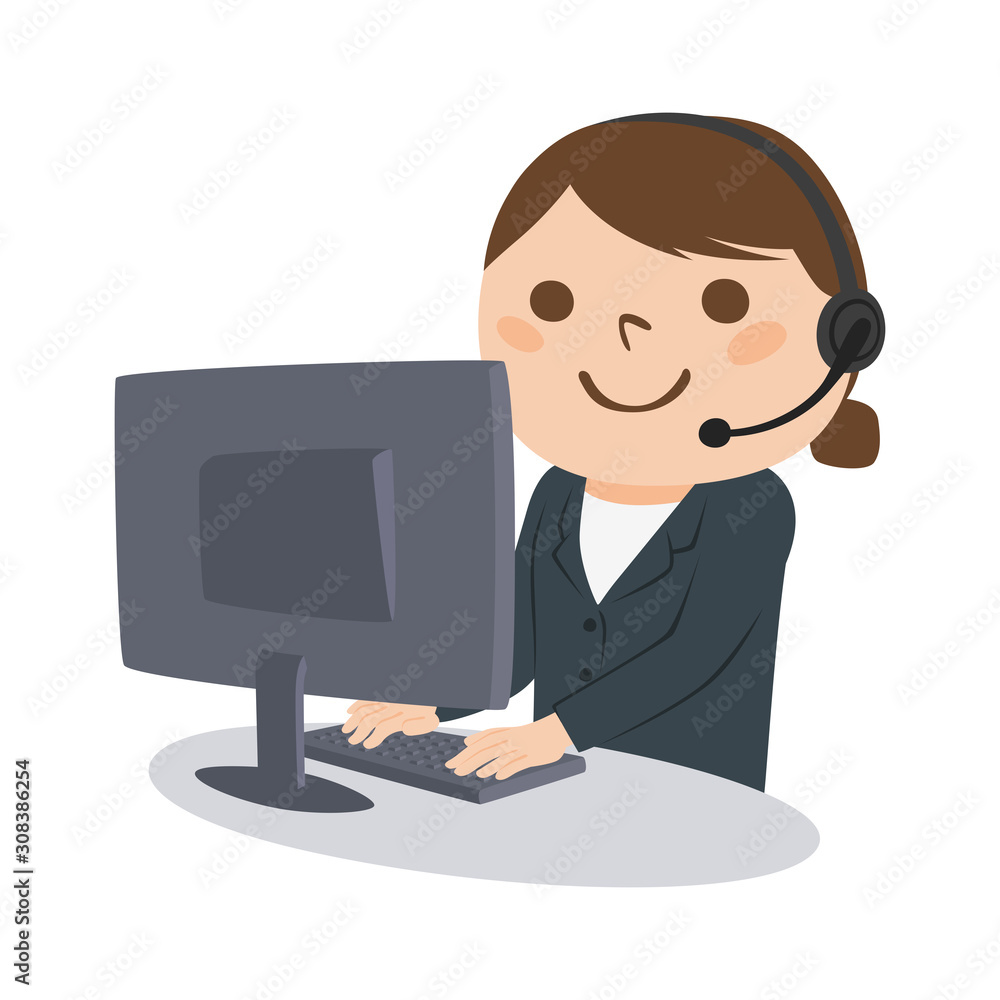 職業のイラスト。女性の電話オペレーター。ヘッドセットを付けて仕事をしている女性。 職業のイラスト。女性の電話オペレーター。ヘッドセットを付けて仕事をしている女性。
