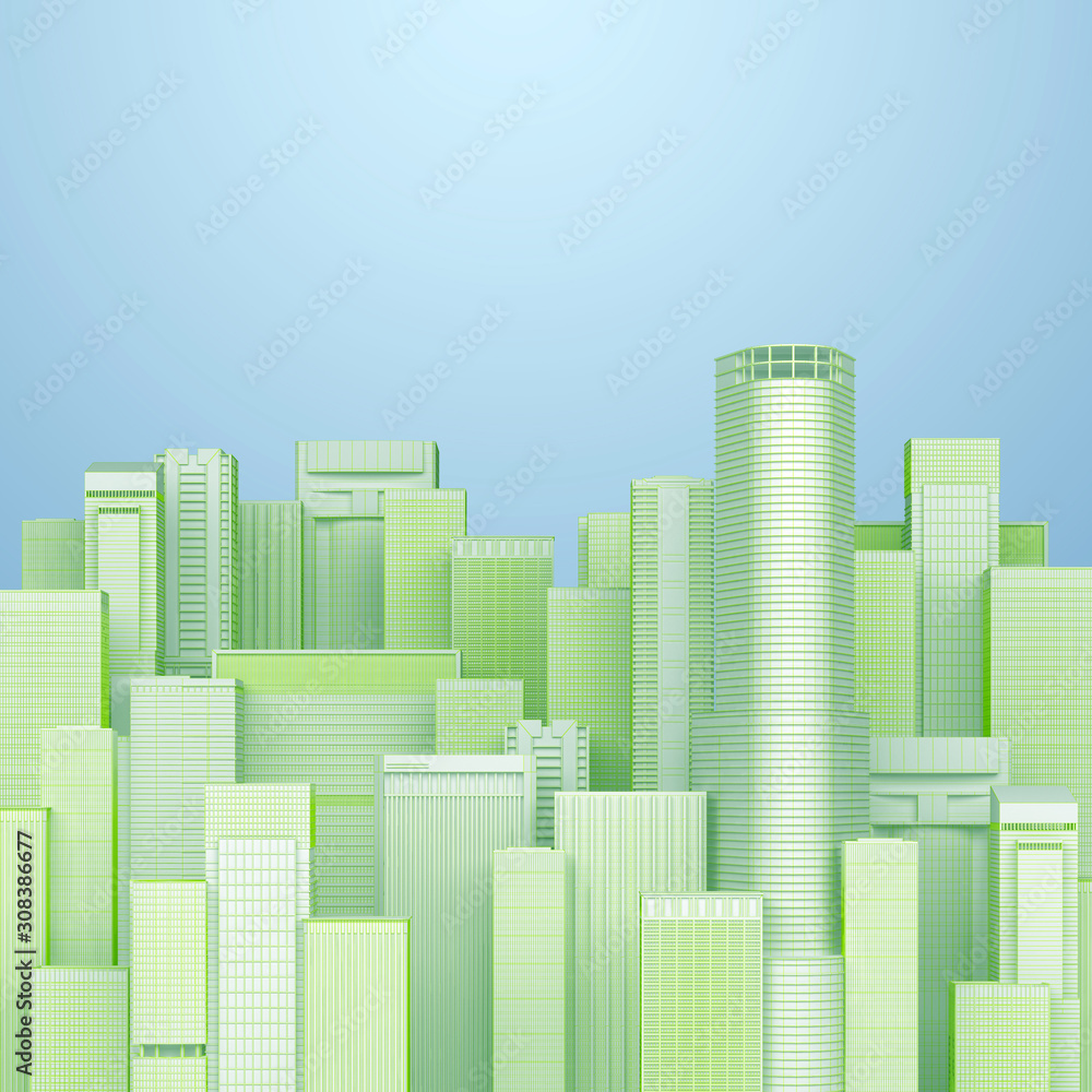 group skyscraper in green wireframe