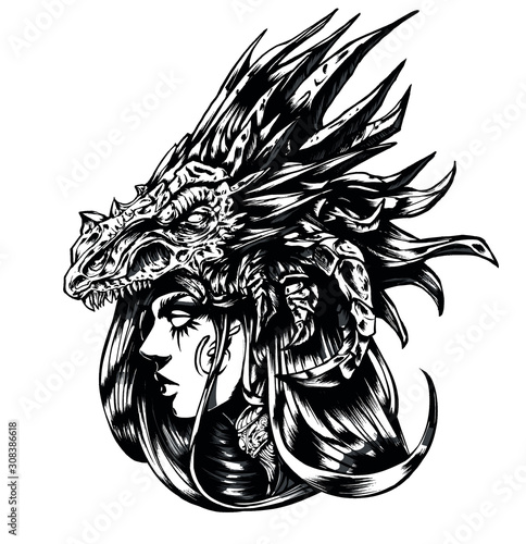 Goth girl, wearing a dragon mask