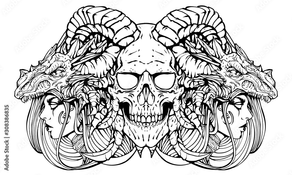 demon skull with witches on the sides demon skull with witches on the sides