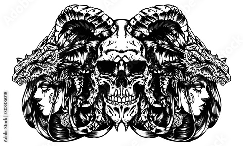 demon skull with witches on the sides