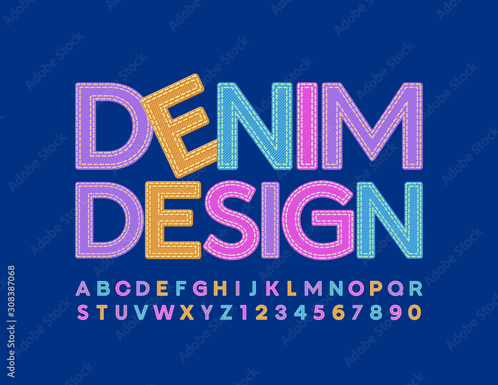 Fototapeta Vector bright logo Denim Design. Jeans colorful Font. Trendy textile Alphabet Letters and Numbers