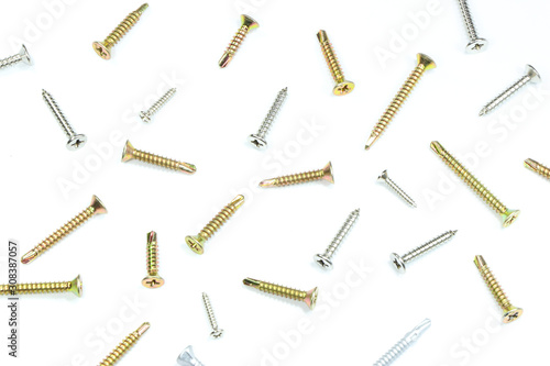 Various self drilling screw pattern for background , isolated on a white background.