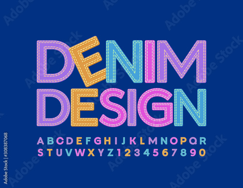 Vector bright logo Denim Design. Jeans colorful Font. Trendy textile Alphabet Letters and Numbers