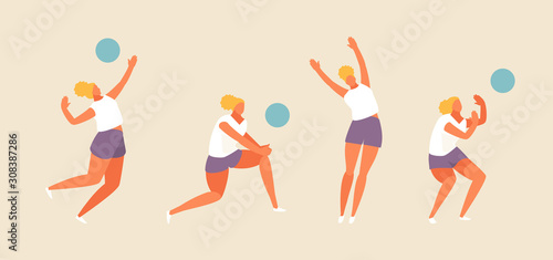 Sport girl plays beach volleyball. Illustration flat set