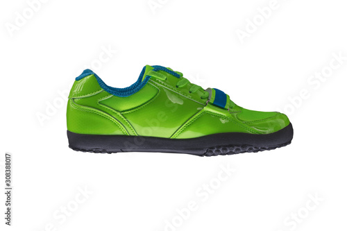 Green glossy sneaker on a white background. Sport shoes