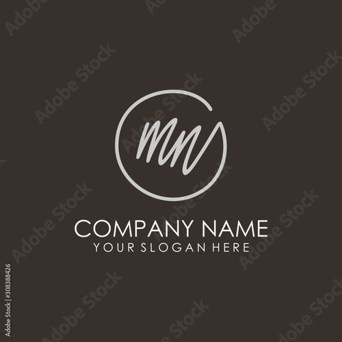 MN initials signature logo. Handwritten vector logo template connected to a circle. Hand drawn Calligraphy lettering Vector illustration.