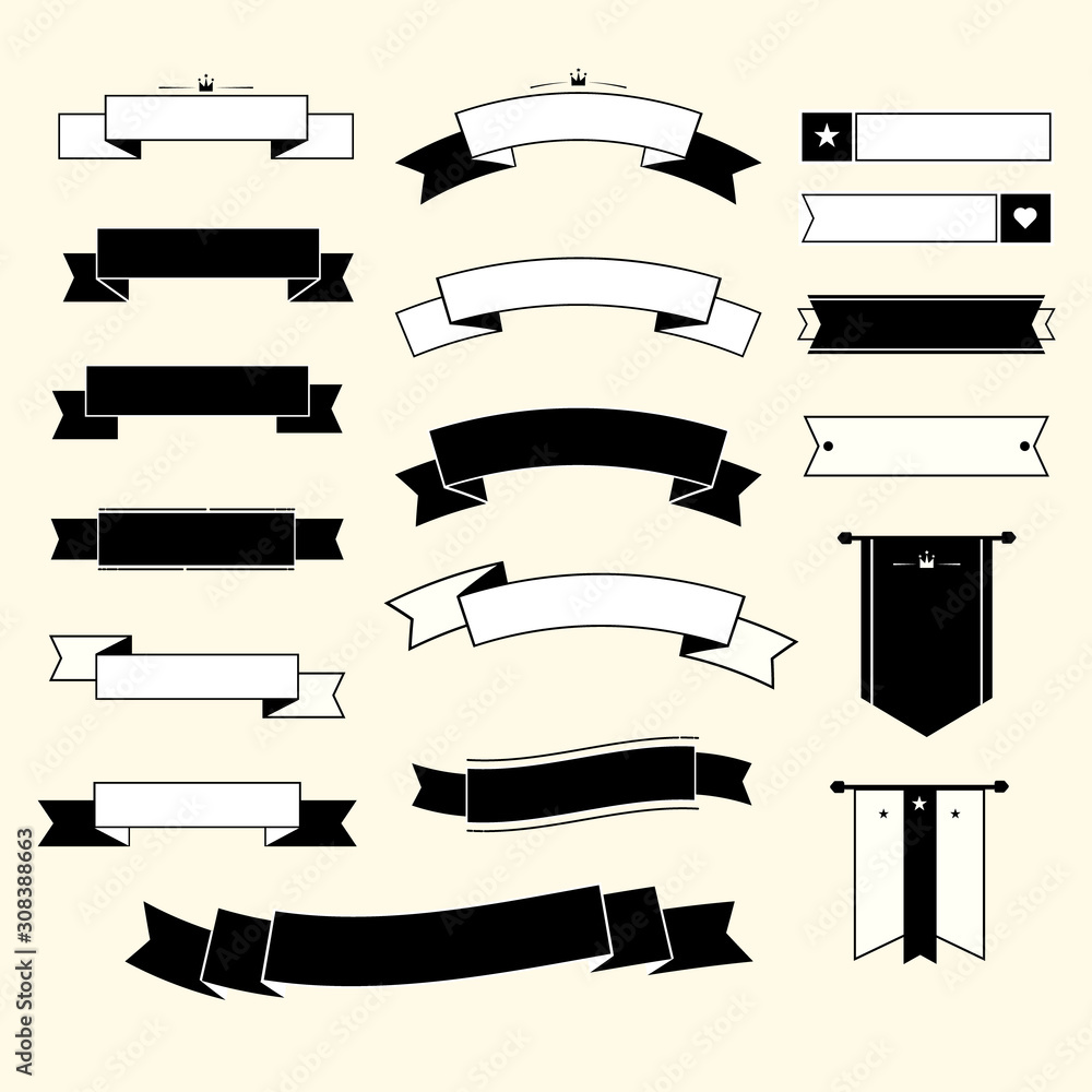 Ribbons black and white color set.Flat ribbon design with retro style.
