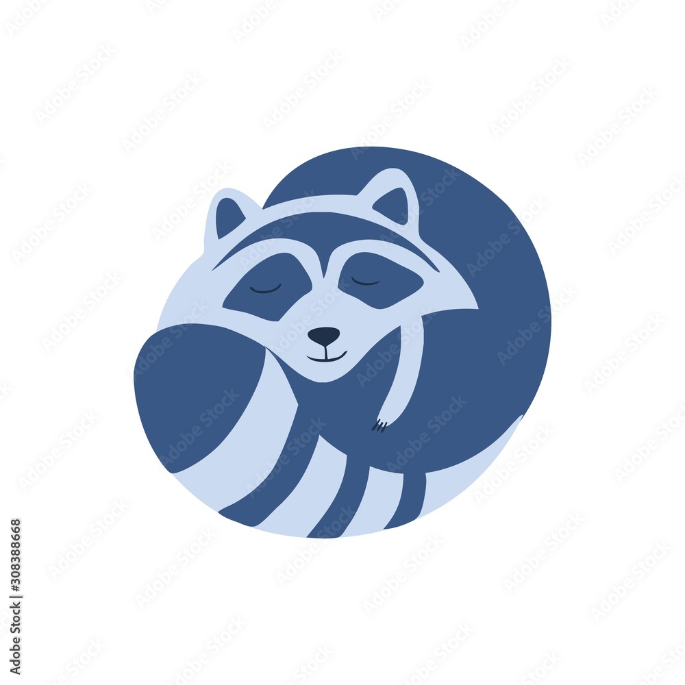 Decorative vector sleeping raccoon lying isolated on white background, wild mammal, hand drawn cartoon illustration cute animal for design good night card, children pattern, cartoon poster for kids Decorative vector sleeping raccoon lying isolated on white background, wild mammal, hand drawn cartoon illustration cute animal for design good night card, children pattern, cartoon poster for kids
