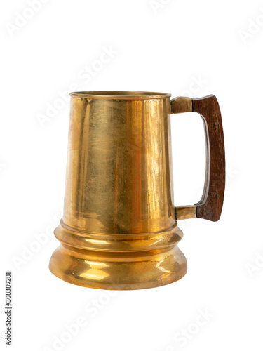 glass for drinking beer or water made from brass are ancient antiques of Thailand. on white background.