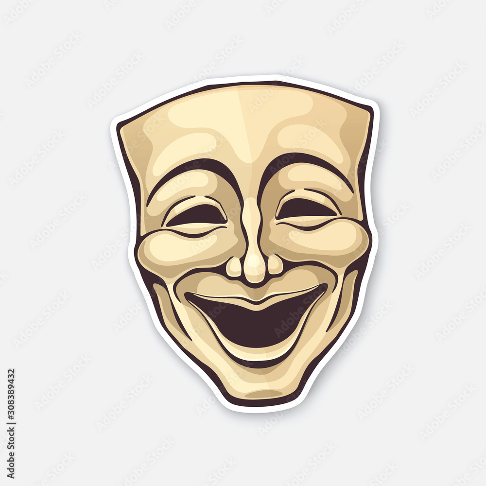 Vector illustration. Theatrical comedy mask. Vintage opera mask for happy actor. Face expresses positive emotion. Movie industry. Sticker with contour. Isolated on white background