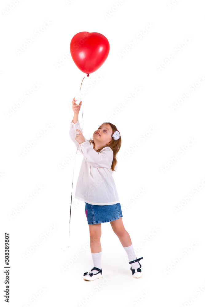 Happy little girl with red balloons on white background Happy little girl with red balloons on white background