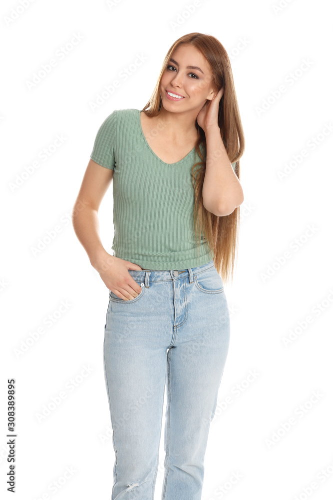 Teenage girl wearing casual outfit on white background Teenage girl wearing casual outfit on white background
