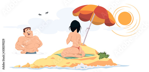 Man and woman on beach. Funny people.