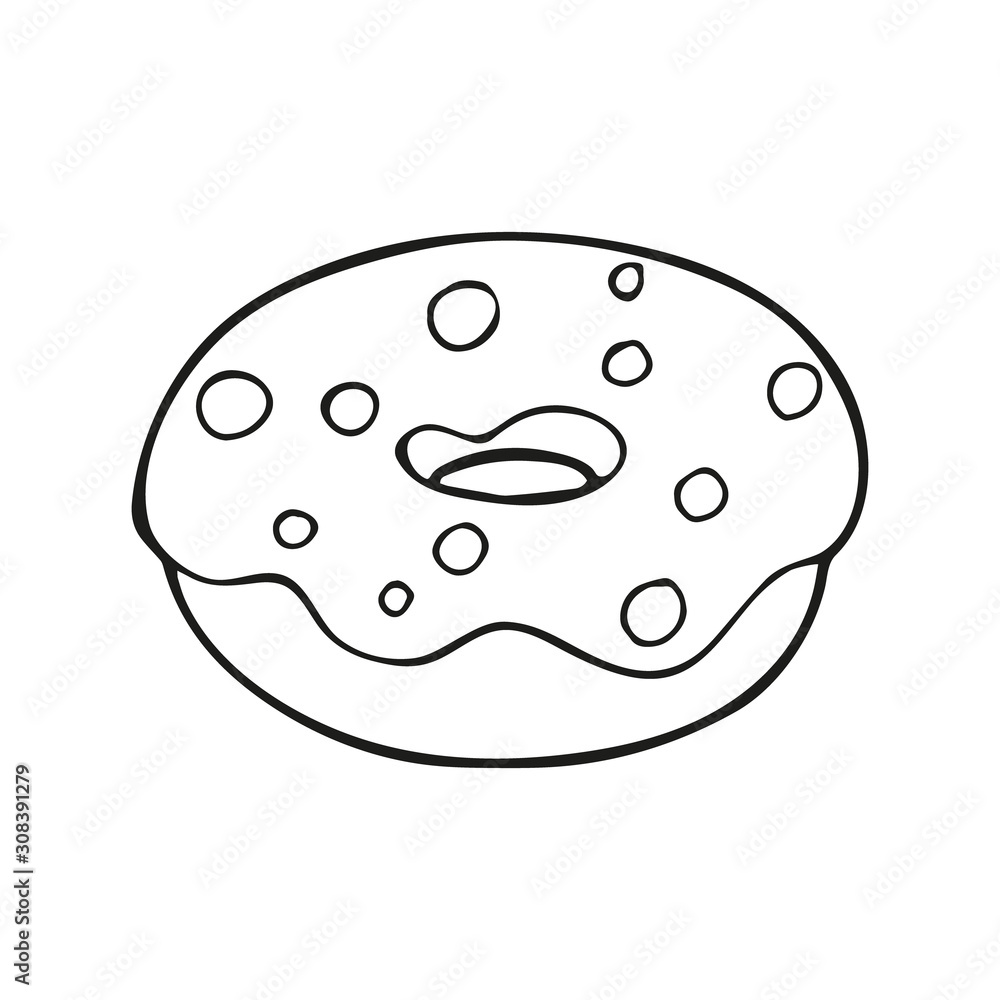 Single hand drawn doughnut or donut. In doodle style, black outline isolated on a white background. Cute element for card, social media banner, stickers. Vector illustration Single hand drawn doughnut or donut. In doodle style, black outline isolated on a white background. Cute element for card, social media banner, stickers. Vector illustration