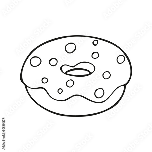 Single hand drawn doughnut or donut. In doodle style, black outline isolated on a white background. Cute element for card, social media banner, stickers. Vector illustration