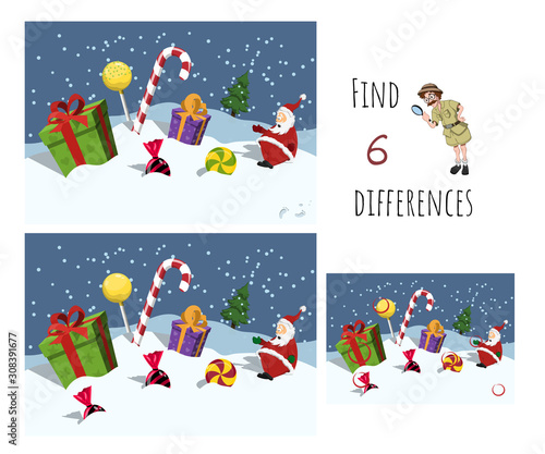 Find 7 differences. Educational game for children. Cartoon Santa, gifts and candy. Christmas puzzle