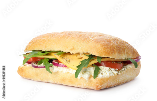 Delicious sandwich with fresh vegetables and cheese isolated on white