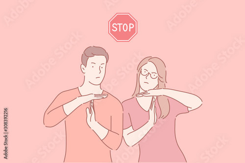 Stop working, time break gesture, timeout signal concept. Man and woman showing body language sign with palms and fingers. People order making pause. Nonverbal communication. Simple flat vector
