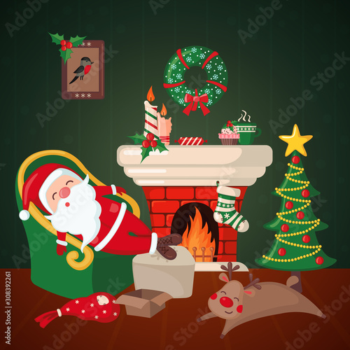 Tired Santa Claus and Deer sleeping on chair near fireplace and Christmas tree.