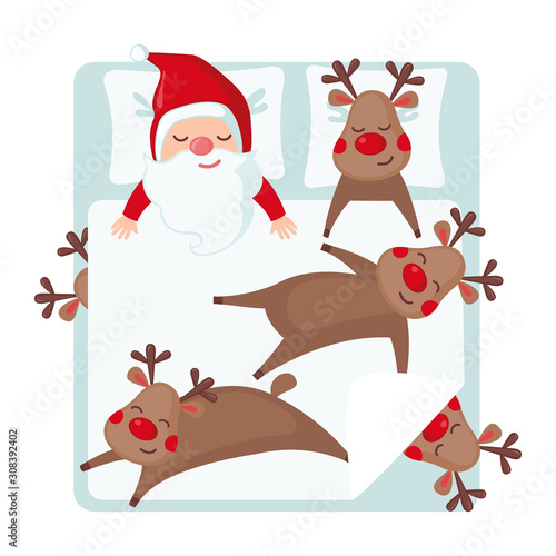 Sleeping Santa Claus and Deers the day after Christmas isolated on white background. © Aleksa Mikhailechko