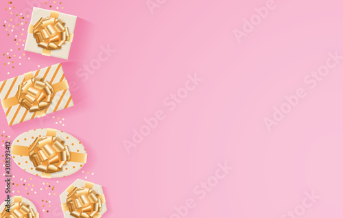 golden gifts on a pink background and copy space for text