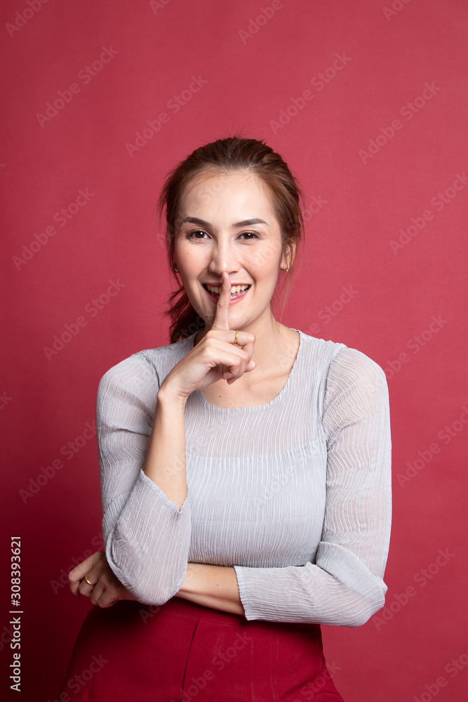 Asian girl smile show quite hand sign. Asian girl smile show quite hand sign.