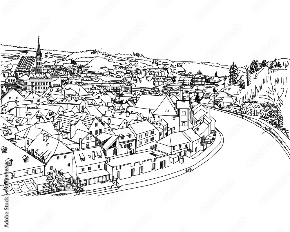 Old town view from cesky Krumlov. Hand drawn, sketch