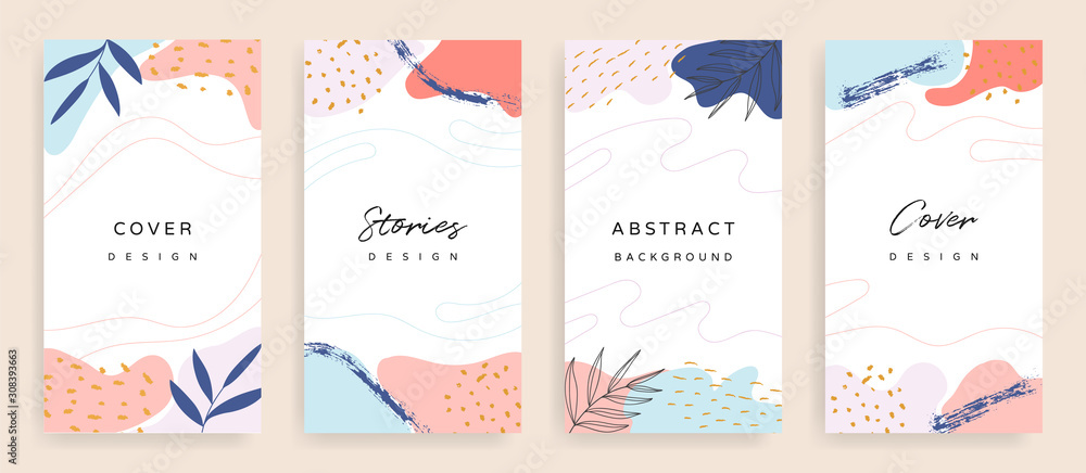 Social media stories and post creative Vector set. Background template with copy space for text and images design by abstract colored shapes,  line arts , Tropical leaves  warm color of the earth tone