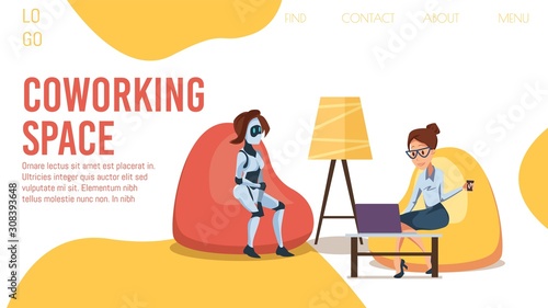 Coworking Office with Digital Services Trendy Flat Vector Web Banner, Landing Page Template. Businesswoman, Female Freelancer Using Laptop, Working in Comfortable Office with Robots Illustration