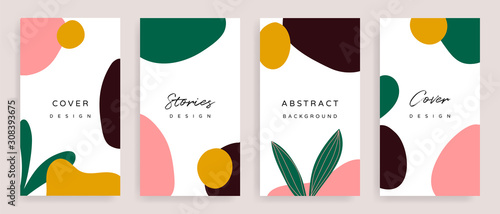 Social media stories and post creative Vector set. Background template with copy space for text and images design by abstract colored shapes,  line arts , Tropical leaves  warm color of the earth tone
